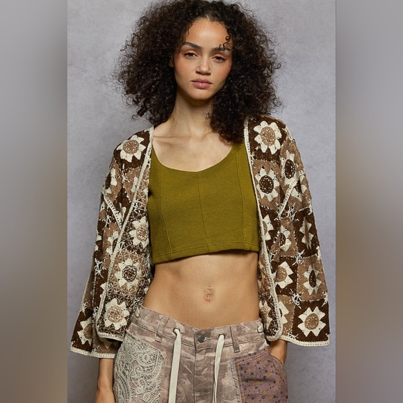 POL Floral Granny Square Crochet Cardigan Retro Boxy Open Front Sweater Openwork - Picture 7 of 16